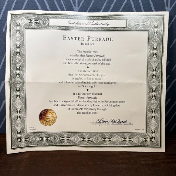 Bill Bell Easter Purrade Collectors Plate Porcelain with 24k Rim COA and Box - Picture 6 of 7